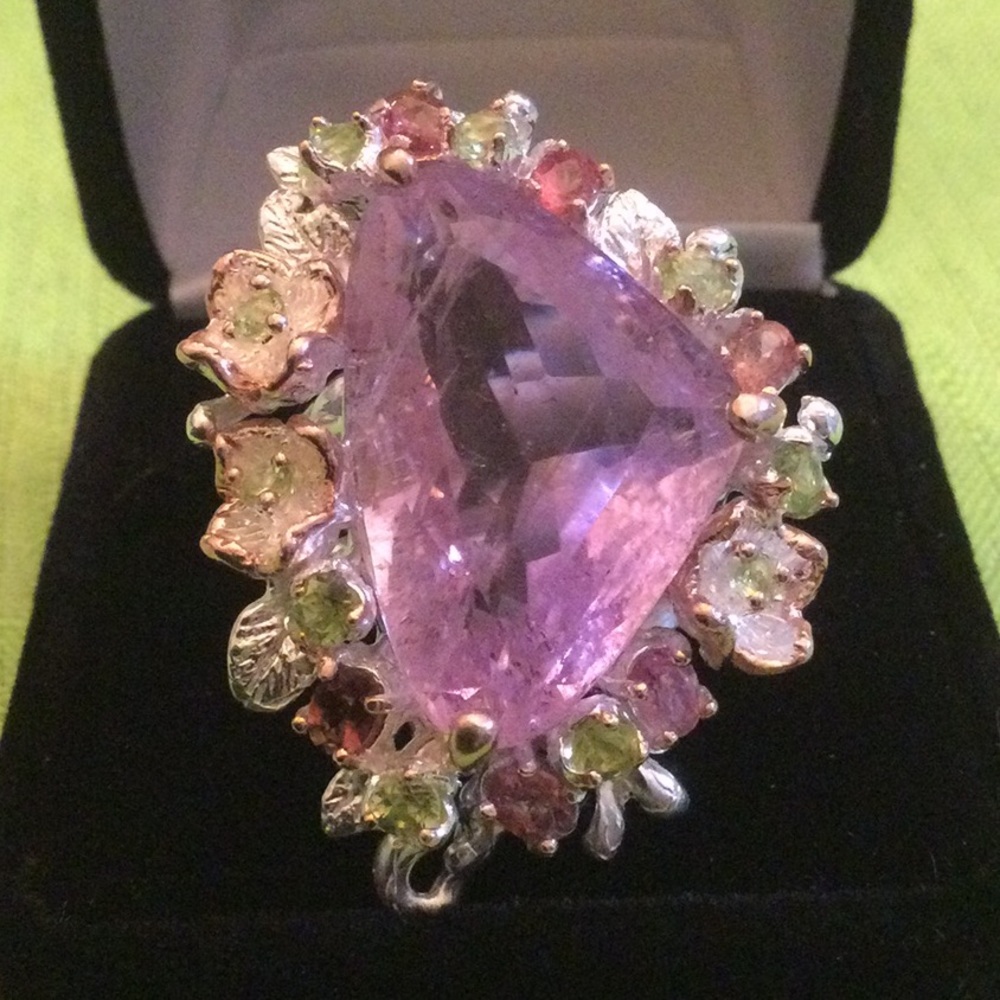 Magnificent Huge Genuine Kunzite & Tourmaline Ring, Rare Dreamscape Facet - Picture 2 of 12